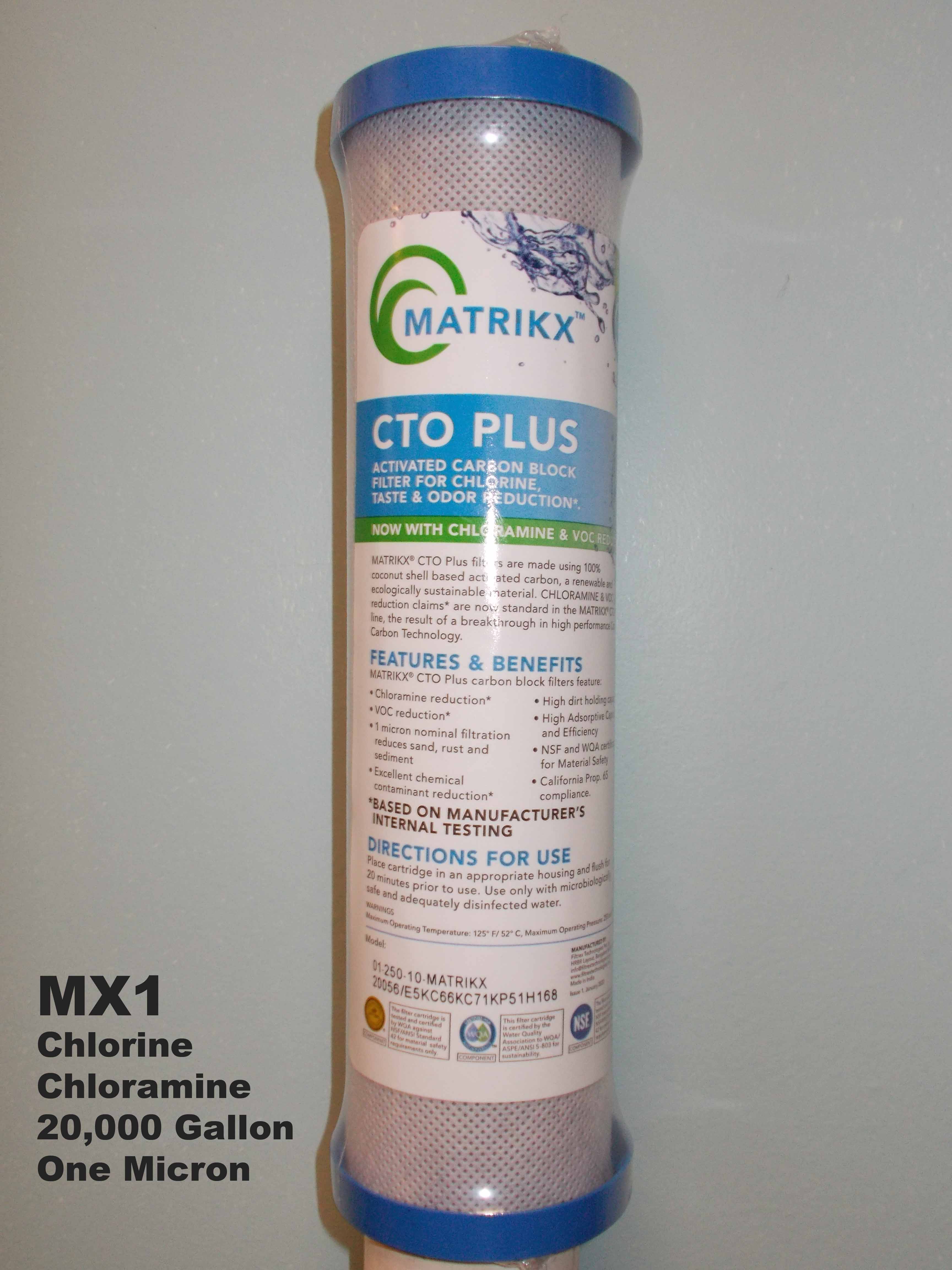 MX1 - Replacement Chlorine / Chloramine Water Filter Cartridge - 20,000 Gal. - 2.5" x 9.75"